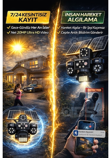 20mp Ultra Hd 4 Lens Tam Kontrol Güneş Enerjili Kamera Sim Kartlı Dual Led 12xzoom Çakar Led Siren