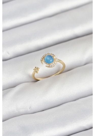 Tua Moda Pirinç Gold Renk Zirkon Taşlı Ay Yıldız Kadın Yüzük Altın