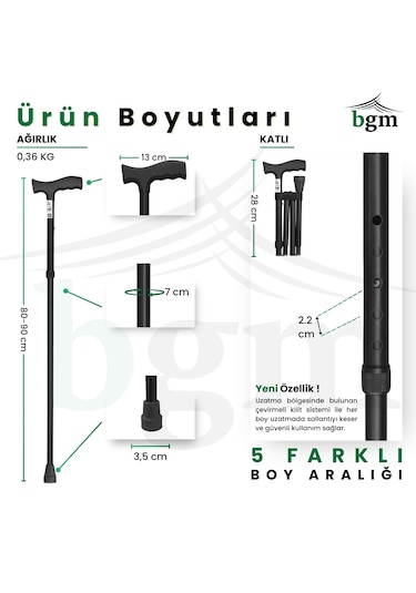Baston Katlanabilir Denge Bastonu Yüksek Kalite Ayarlanabilir Baston Siyah