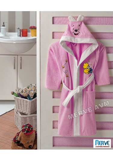Kapşonlu Pamuk Kız Çocuk Bornozu Pembe (4-5, 6-7, 8-9, 10-11 Yaş) Pembe