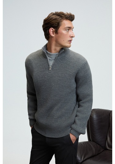 BERNARDO Erkek Yarım Fermuarlı Dik Yaka Triko Antrasit Kazak