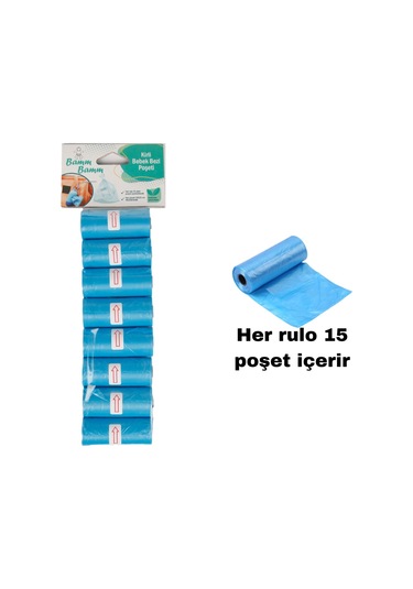 Bamm Bamm Kirli Bebek Bezi Poşeti Çanta Boy Mavi 8 x 15'li