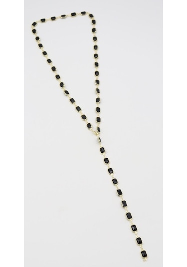 Kadın Siyah Taşlı Uzun Kolye -14k Gold - 70 Cm Çok Renkli