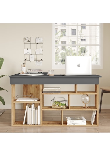 Yurudesign Tywin Kitaplık Raflı Çalışma Masası Çam-Antrasit
