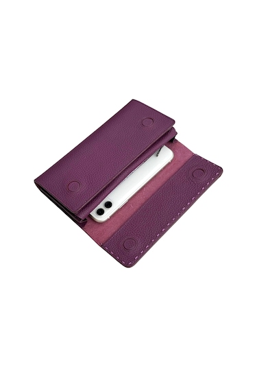 Mor %100 Hakiki Deri Dikiş Detaylı Gizli Mıknatıslı Kapaklı Özel Tasarım Kadın Cüzdan Portföy Mor