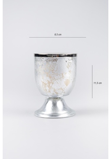 Gümüş Varak Eskitme Ayaklı Cam Mumluk Kokusuz Mum Logo Kapaklı Küçük 8.5x11.5 Cm