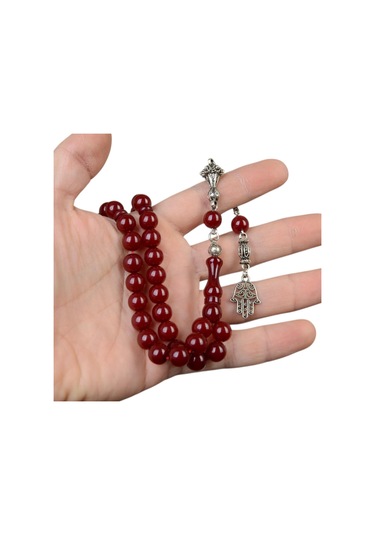 Küre Kesim 9x8 Mm Sıkma Kehribar Alpaka Püsküllü Tesbih Bordo