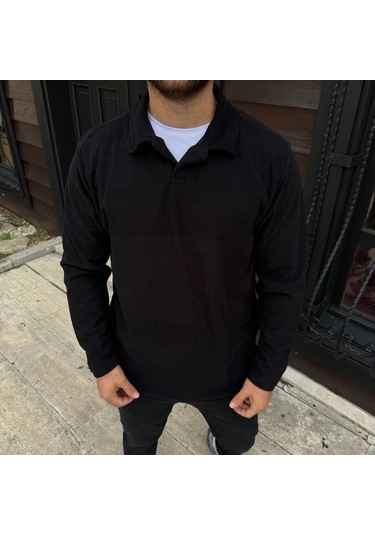 Erkek Fitilli Polar Sweatshirt Düğmesiz Polo Yaka, Oversize Rahat Kalıp, Kalın Polar Kumaş, Kışlık Siyah