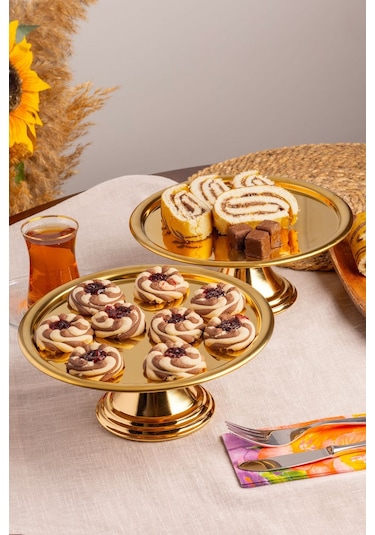 2'li Gold Yuvarlak, Ayaklı Şık Kek, Pasta, Kurabiye Ve Tatlı Servis Sunum Standı Gold
