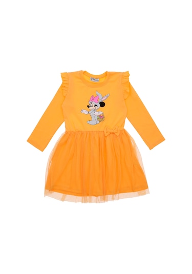 Kız Çocuk Elbise Taşlı Baskılı Açık Turuncu