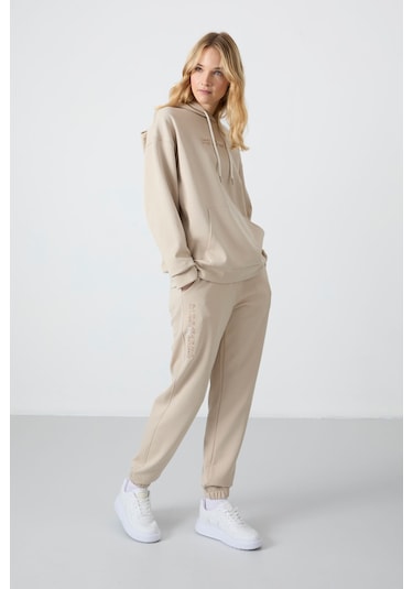 Tommy Life Bej Kapüşonlu Kanguru Cep Oversize Lastik Paça Kadın Eşofman Takımı - 95288 Bej