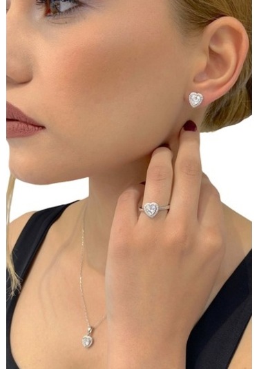 Sertifikalı Swarovski Taşlı Kalp Tektaş 925 Gümüş Set Takım
