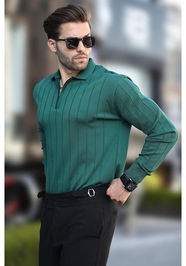 Madmext Yeşil Polo Yaka Fermuarlı Örme Kazak 7242-yeşil Yeşil