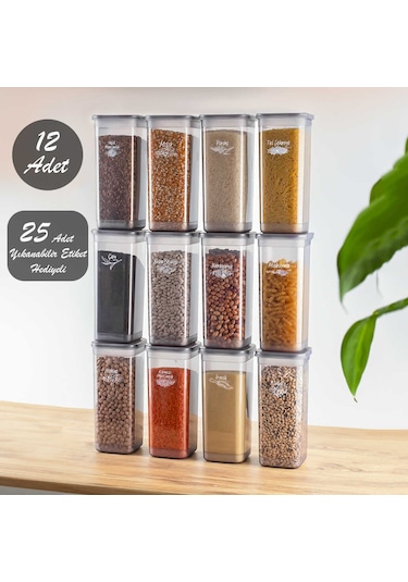 Porsima 432-GR Kare Erzak Bakliyat Saklama Kabı Takımı 12'li 1.70 L + Etiket 25 Adet