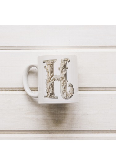 H Harfi Bardak, Monogram 330 Ml Barok Oymalı Görünüm Beyaz