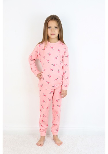 Kız Çocuk Orta Kalınlıkta Basic Baskılı Pijama Takımı Koyu Pembe