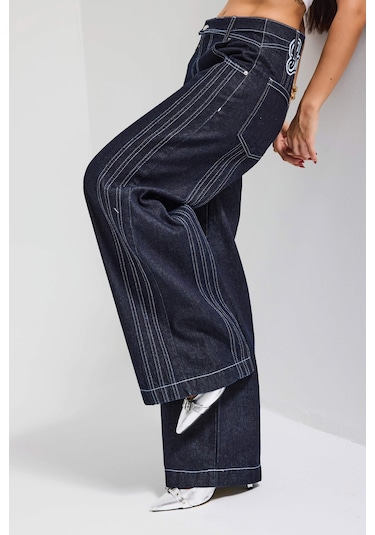 Itsbasic Kadın İndigo Selvedge 7s6-50 Süper Baggy Fit Nakışlı Tasarım Denim Jean