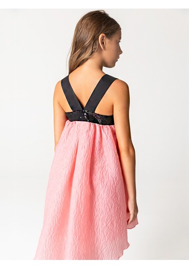 Sheshe Payet Fiyonk Detaylı Pembe Jakar Kız Çocuk Elbise Renkli