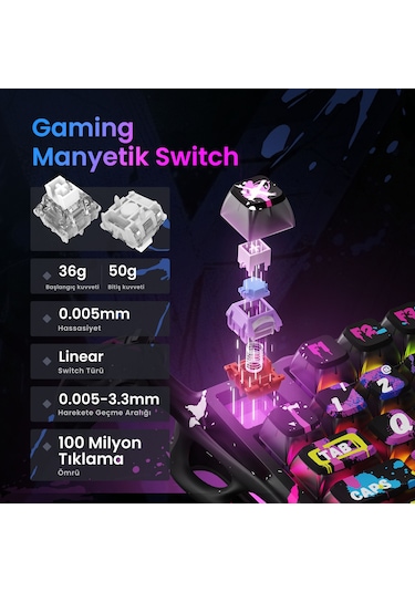 Gravastar Mercury V75 Pro Hall Effect, Rapid Trigger 8.000 Hz Kablolu Manyetik Klavye + Xpro 32.000 Optik