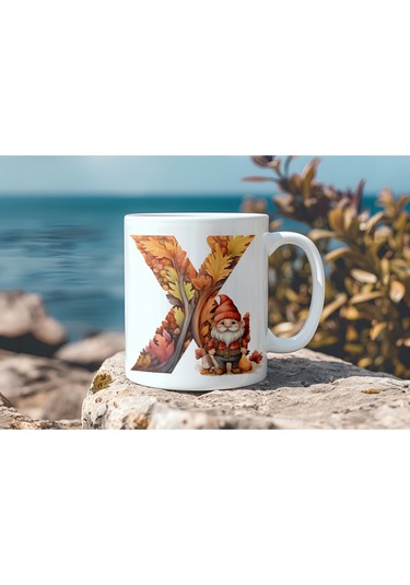 X Harf Sonbahar Yaprak Temalı Kupa Bardak - Sevimli Figürler İle Alfabe Harfli Bardak - Kişiye Özel Beyaz