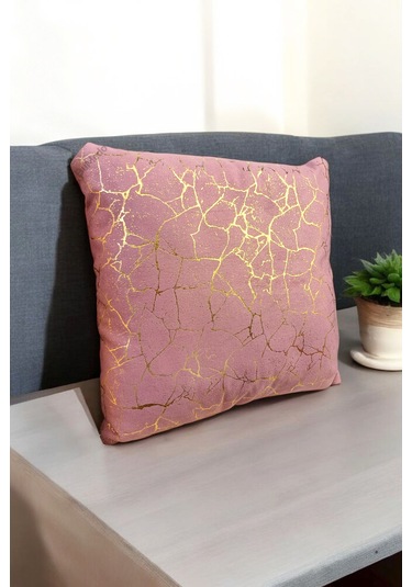 Altın Varak Desenli Dekorafit Tekli Kırlent Kılıfı 42x42 Cm Şık Ve Zarif Tasarım Gül Kurusu