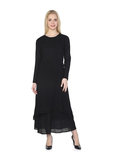 Uzun Kol Şile Bezi Nervürlü Uzun Elbise Siyah