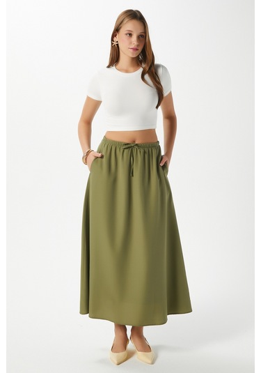 Kadın Seaside Haki Astarlı Bel Lastikli Cepli Dokuma Uzun Etek Haki