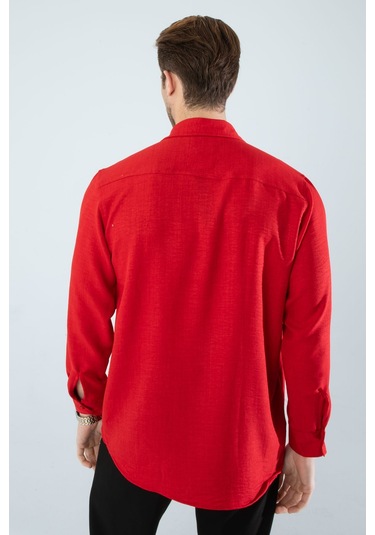 Rahat Kesim Keten Dokulu Gömlek Kırmızı