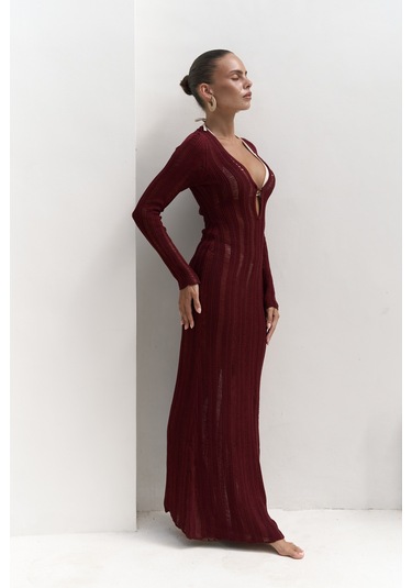 Anandra Boncuk Detay Bordo Triko Uzun Elbise Bordo