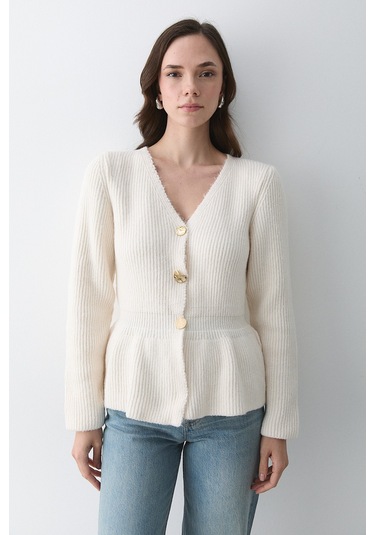 Krem 3 Düğmeli Pileli Hırka - 251065 Krem