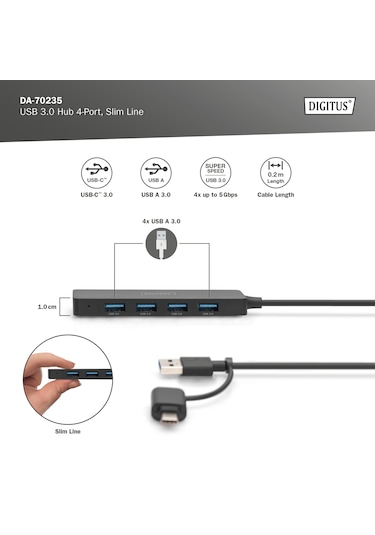 Usb 3.0 Hub, 4 Port, Slimline Usb-c Adaptörlü, 5gbps, 0,2 M Ka...