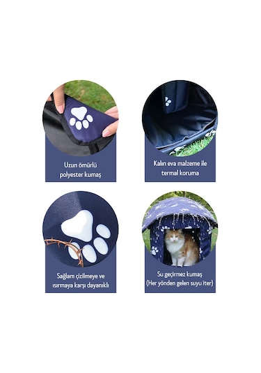 Yuga Pati Desenli Lacivert Kedi Evi Isı Ve Yağmur Korumalı