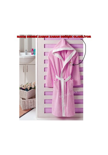 Kapşonlu Pamuk Kız Çocuk Bornozu Pembe (12, 14, 16 Yaş) Pembe