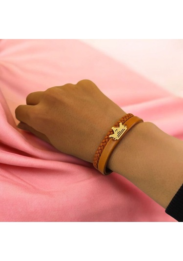 Archin Z Harfine Özel 14 Ayar Altın Plakalı Kahverengi Derili Taç Motifli Hediye Bileklik-467harf Z