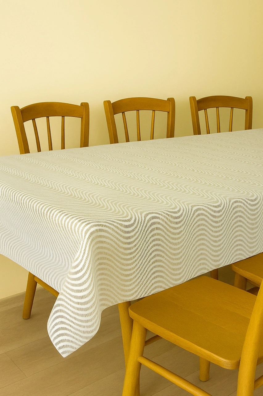 Rona Home Hasır Desen Lüks Pvc Silinebilir Masa Örtüsü Su Geçirmez Muşamba Sofra Bezi Beyaz