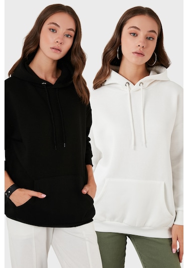 Lela Regular Fit Pamuklu Kapüşonlu Yaka Şardonlu Kışlık 2'Li Paket Bayan Sweat 5863854S2 Ekru-Siyah