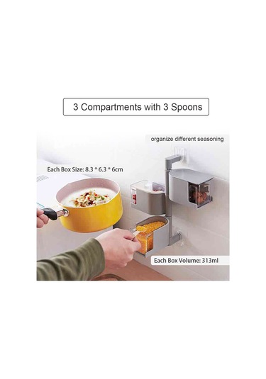 Kosona Duvar Üstü 3 Bölmeli Baharat Kutusu Seti - Deliksiz Yapıştırıcı Montaj - Gri Renk - 3 Kaşık Dahil Diğer