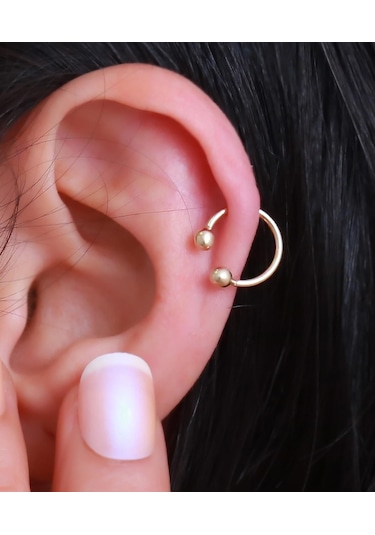 14 Ayar Altın Çift Toplu Halka Tragus Piercing Sarı Altın