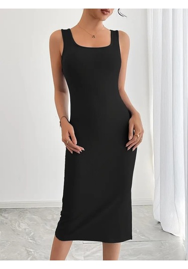 Kadın Askılı Kare Yaka Yandan Yırtmaçlı Midi Kaşkorse Elbise Çok Renkli