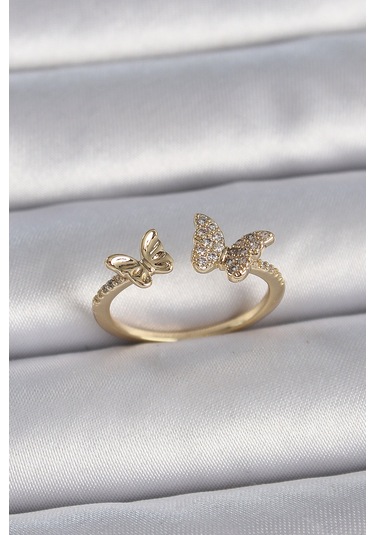 Gold Renk Ayarlanabilir Zirkon Taşlı Kelebek Model Kadın Yüzük - Ebj261410w29233 Bakır