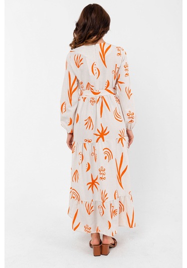 Desenli Yazlık Baharlık Keten Elbise 2103 Turuncu
