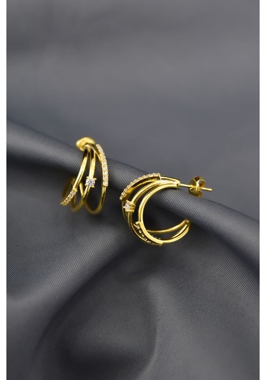 925 Ayar Gümüş Gold Kaplama Tasarım Zirkon Taşlı, Üç Sıra Halka Tektaş Küpe UVPTS300425