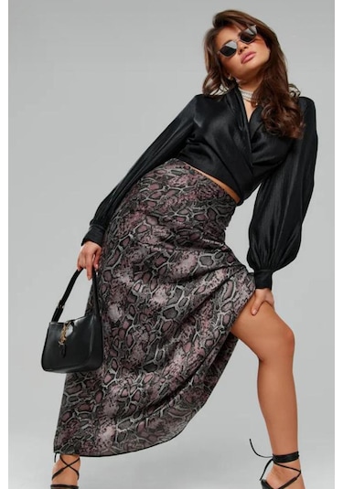 Madmext Lila Desenli Saten Kadın Uzun Etek Mg2333 Lila