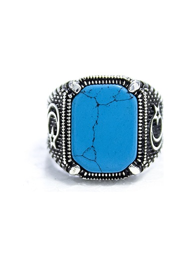 Gümüş Ayyıldız Desenli Firuze Taşlı Erkek Yüzük