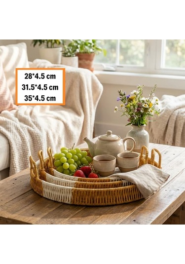 Buffer İç İçe Geçebilen 3 Lü Yuvarlak Plastik Rattan Tepsi Seti Çift Renkli Hasır Gör