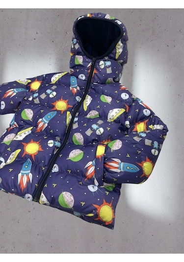 Erkek Çocuk Içi Polarlı Kapüşonlu Ufo Desenli Kışlık Şişme Mont Çok Renkli