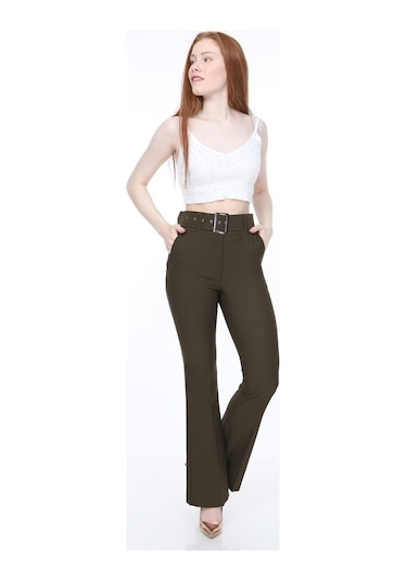 Bluence Beli Kemerli Ispanyol Paça Haki Kumaş Pantolon Haki