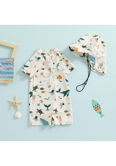 Fastbuy Bej Yürüyen Erkek Mayo, 3-12 Ay, 2-3 Yaş, Güneş Koruyucu Kısa Kollu, Fermuarlı, Hayvan Desenli Şapka Bej