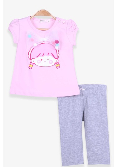 Breeze Kız Çocuk Kapri Tayt Takım Fiyonklu Ponponlu 1-4 Yaş, Pudra