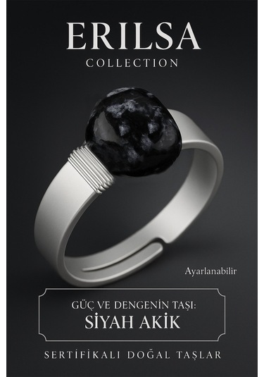 Sertifikalı Doğal Siyah Akik Taşı Yüzük Ayarlanabilir Kalın Tımbıl Kasa Siyah
